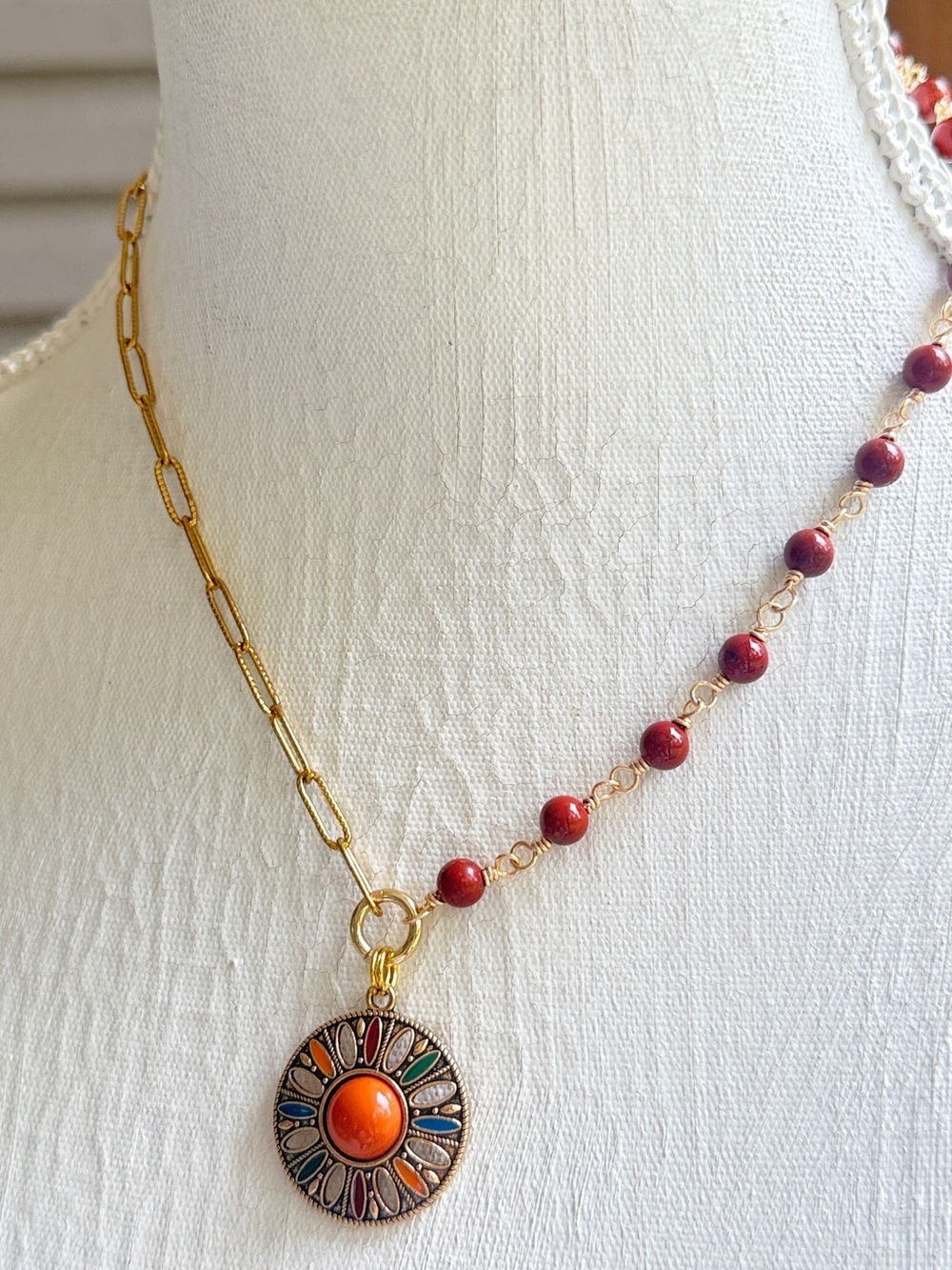 Gold-Plated Multicolor Sunburst Pendant Necklace with Red Jasper Gemstone Beads